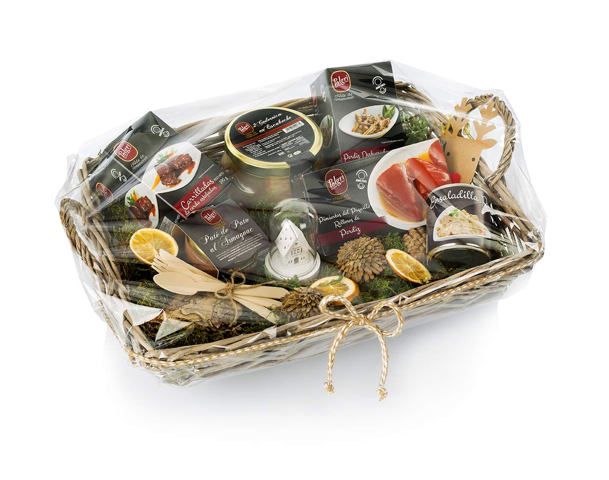 Polgri Lote Regalo Bandeja de Mimbre con Pimiento del Piquillo Relleno de Perdiz, Codornices en Escabeche, Perdiz Desmigada, Paté de Pato al Armagnac, Ensaladilla Rusa y Carrilleras de Cerdo Estofadas