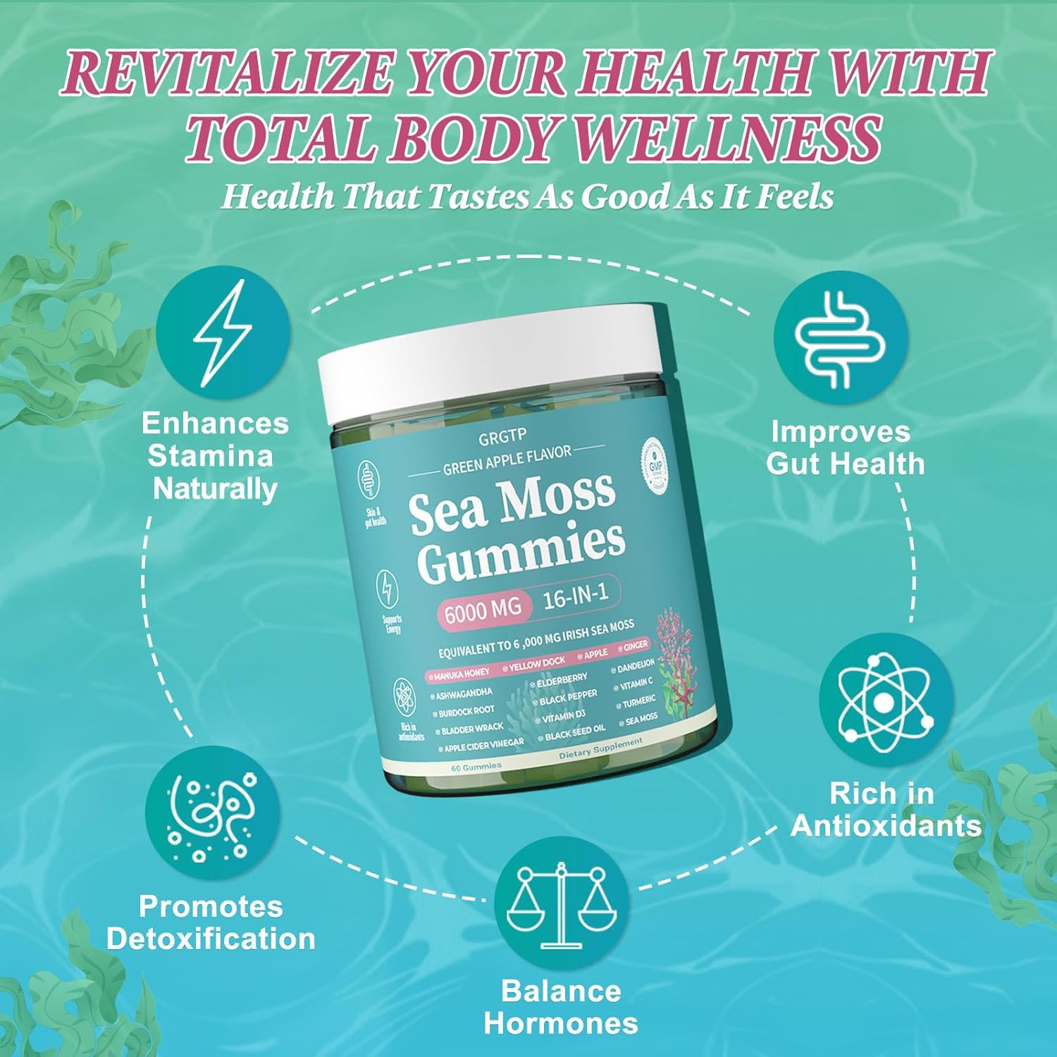 Sea Moss Gummies 16-in-1 - Ashwagandha Black Seed Oil Bladder Wrack Turmeric Vitamin C & D3 with Manuka Burdock Root Dandelion Yellow Dock Natural Detox & Liver Health Immune Support, Energy Boost - Image 6