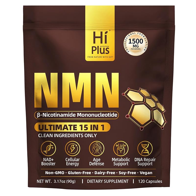 HiPlus Suplemento de NMN com CoQ10, quercetina, resveratrol e TMG, 1500 mg por porção, 120 cápsulas