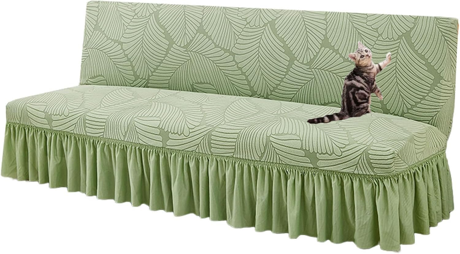 Funda de sofá cama sin brazos elástica verde grande antiarañazos con falda