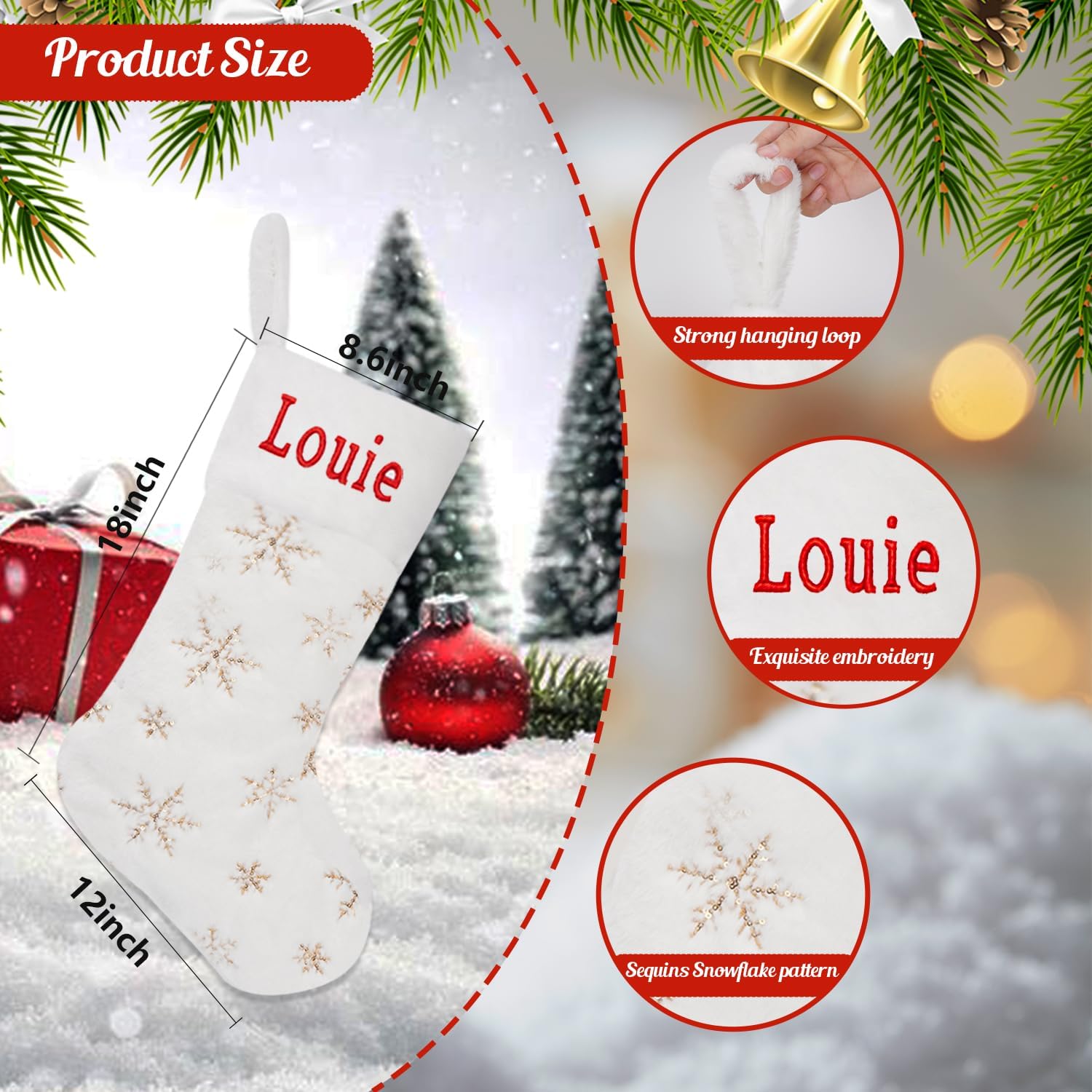 Ulico Personalized Christmas Stockings,18 Large Snowy White Faux Fur Plush Hanging CustomizeXmas Stockings with Silver Gold Sequin Snowflake for Family Holiday Xmas Party Decorations(4 Pcs)