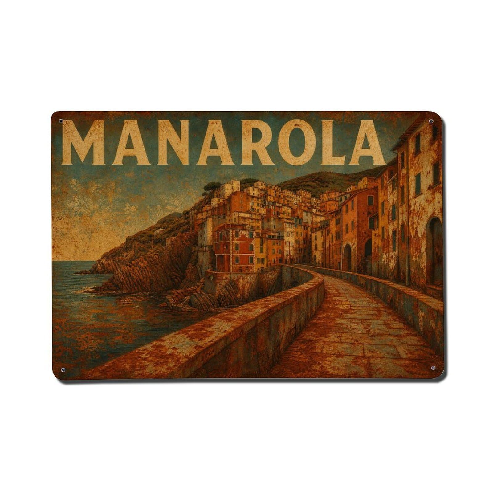 Vintage Travel Manarola Waterfront Promenade Seaside Italy Metal Tin Sign