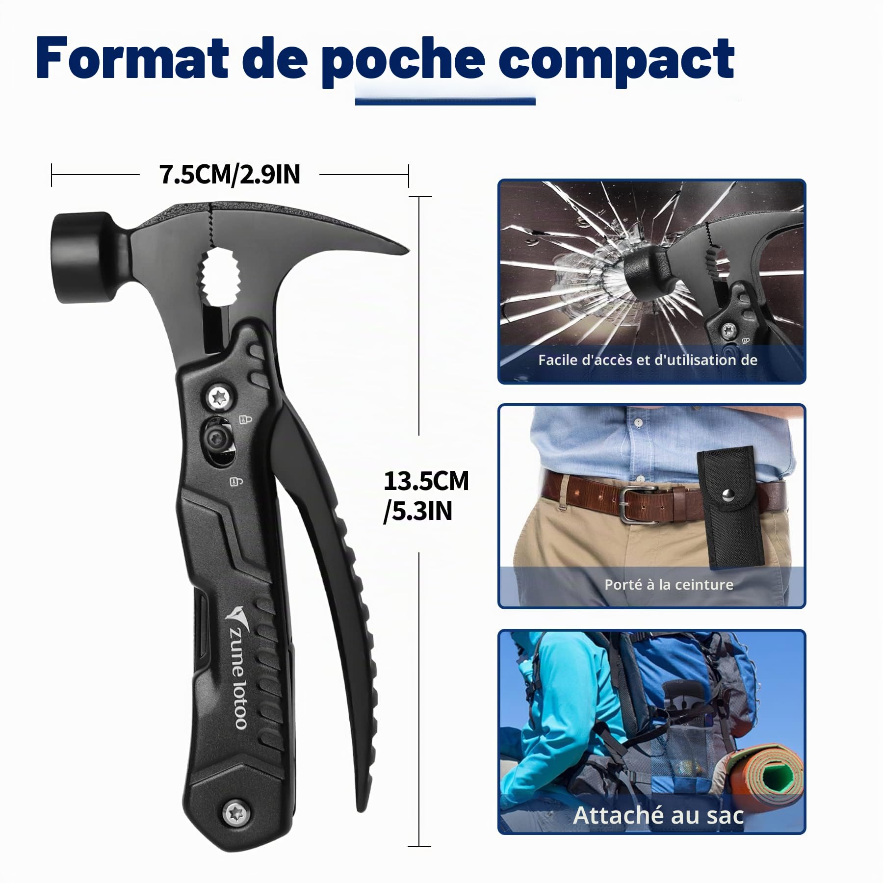 Zune Lotoo Marteau Multifonction, 14 en 1 Portable Compact Multi Usage Outils en Acier Inoxydable avec Marteau Pince Tournevis, Cadeaux pour Hommes Papa Noël Anniversaire (Noir)