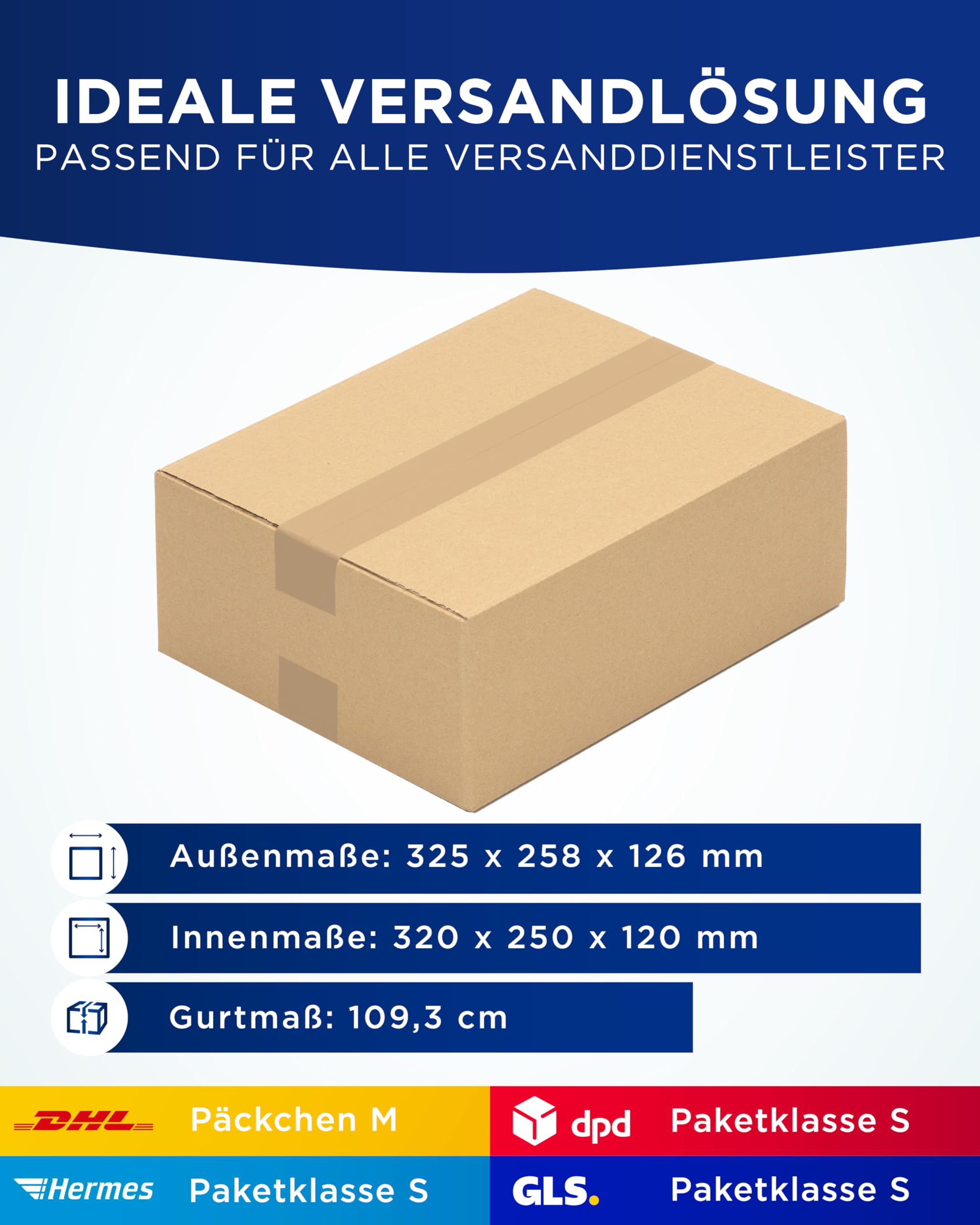 KK Verpackungen Versandkartons 320 x 250 x 120 mm Braun 1-wellig (Außenmaß 325 x 258 x 126 mm) | 100 Stück, Faltkartons Kartons für Versand als DHL Päckchen M DPD Hermes GLS Paketklasse S (KK22)