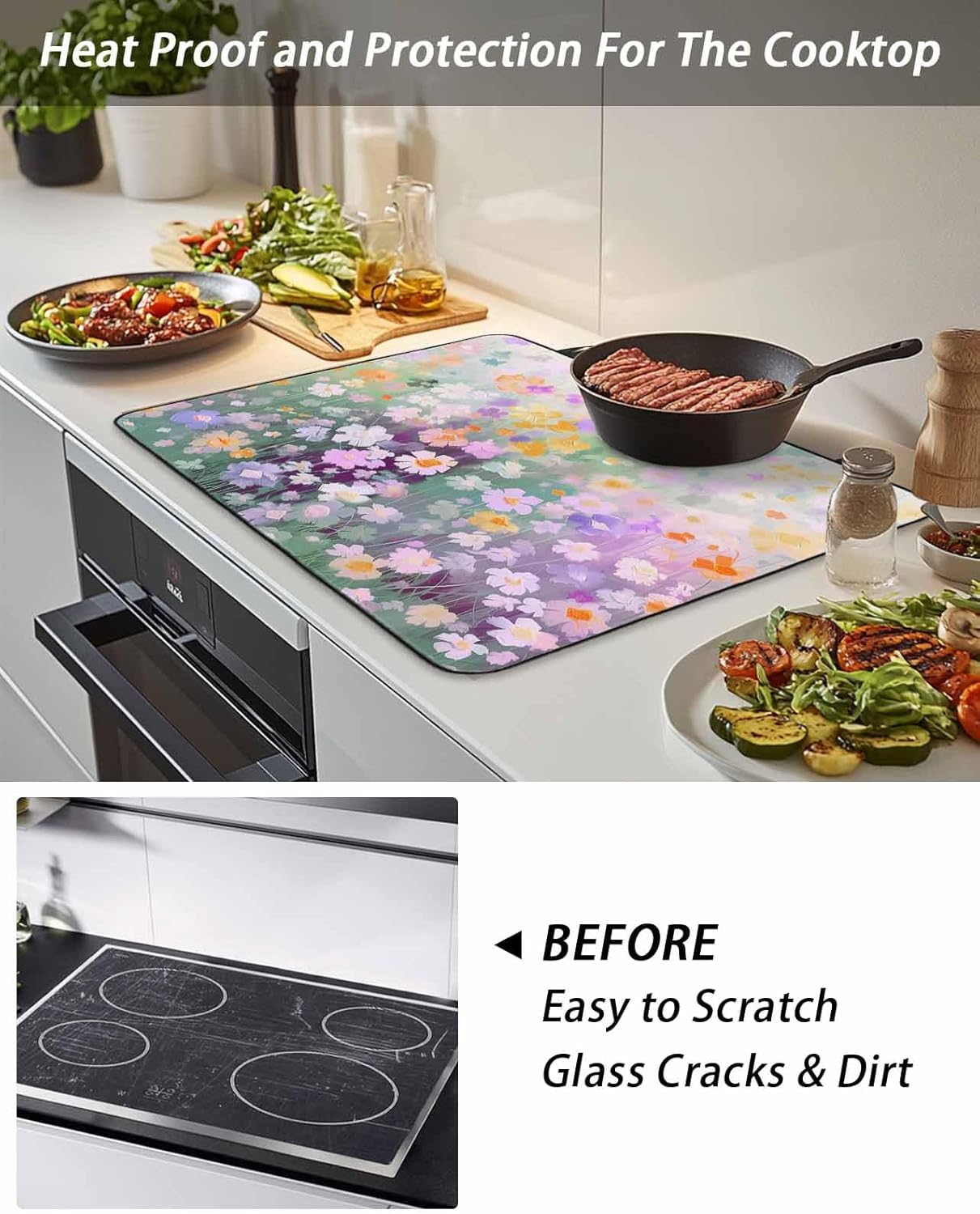 Stove Cover for Electric Stove 36x21 Inch Watercolor Flower Floral Stove Top Cover Branch Leaves Glass Cooktop Covers Anti-Slip & Heat Resistant Countertop Protector Home Kitchen Decor