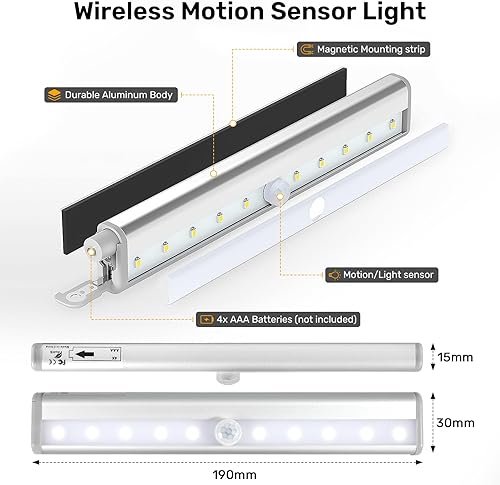 Miniatura 4 de Fymblin Paquete de 3 luces con sensor de movimiento, 10 luces LED activadas por movimiento, funciona con pilas, barra de luz nocturna magnética para
