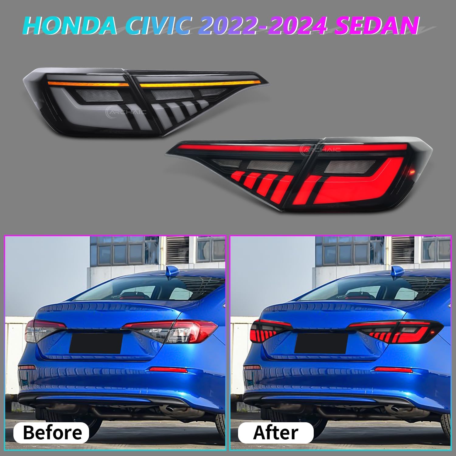 Tail Lights Compatible with 2022-2024 Honda Civic Sedan,11th Gen Civic Taillights w/Dynamic DRL N Sequential Turn Signal,Smoked