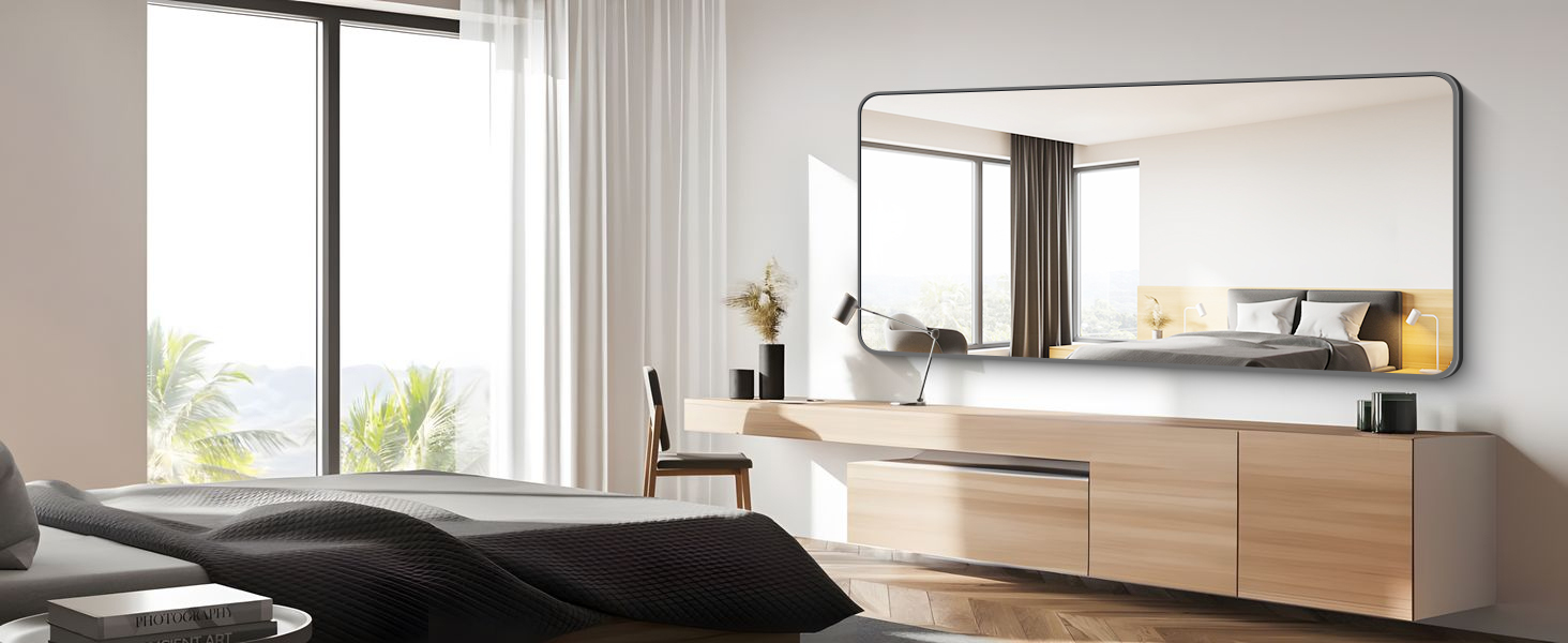 Bathroom Mirror, 48x36 inch Black Rectangle Wall Mirror, Metal Frame Rounded Corner Vanity Mirror, Large Wall Mounted Mirror for Over Sink Bedroom Living Room Horizontal Or Vertical Mounting