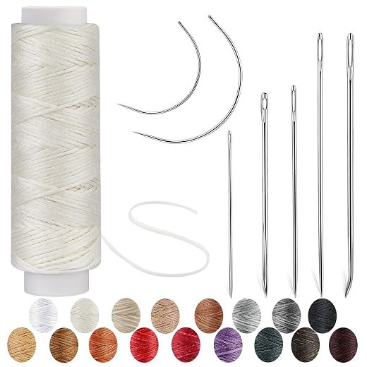 32 Yards Waxed Thread with Leather Hand Sewing Needles, 150D Flat Sewing Waxed Thread and Leather Repair Needles for Home Upholstery Carpet Leather Canvas Repair and Sewing (White)