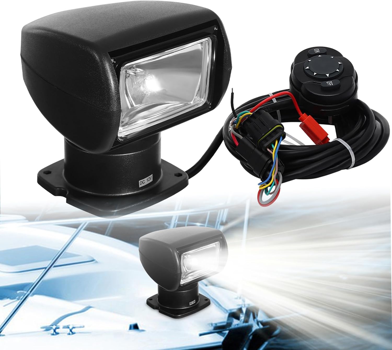 360° Rotate Boat Spotlights, 100W 12V Boat Search Lights Marine Spotlight, Remote Control Spotlights for Boat, Halogen Searchlight (Black Advanced Remote Control)