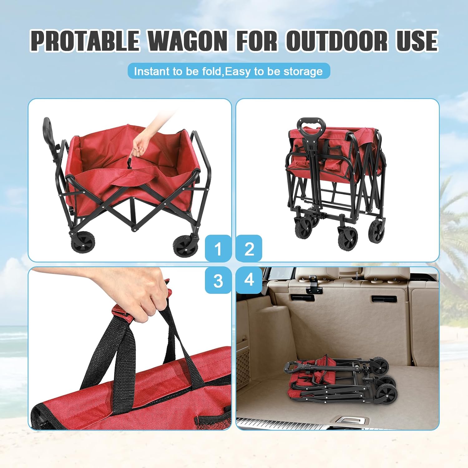 Collapsible Foldable Beach Wagon,Wagon Carts with Wheels folding,Utility Grocery Lounge Wagon for Sand Camping Sports Shopping Outdoor(Red).