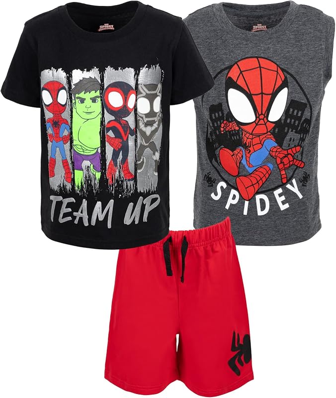 Conjunto de traje de 3 piezas de Avengers Spider-Man: remera, remera sin mangas, pantalones cortos