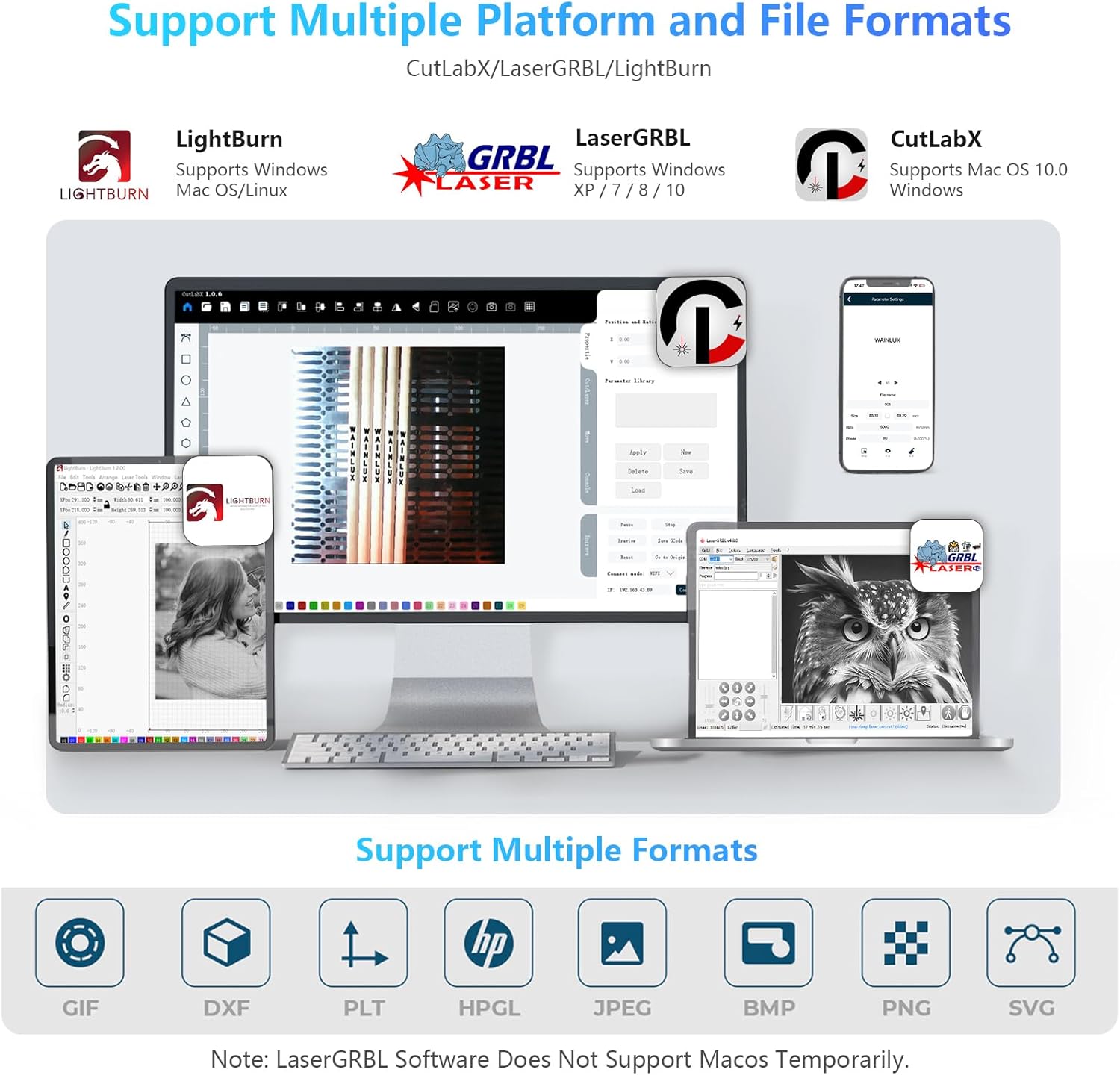 WAINLUX K8 software compatibility with LightBurn, LaserGRBL, and CutLabX