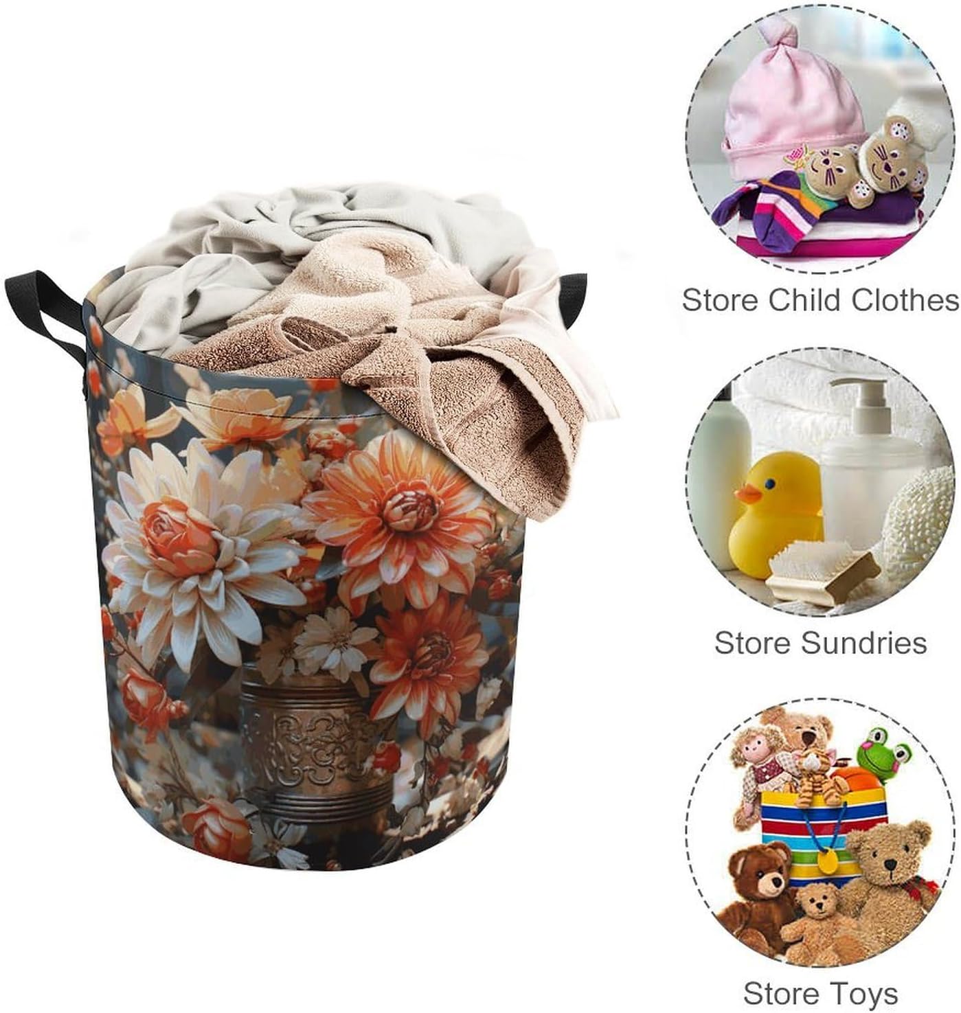 Orange Flowers Laundry Basket Collapsible Clothes Hamper with Reinforced Handles Large Capacity Waterproof Laundry Bag Freestanding Laundry Hamper for Bedroom Bathroom