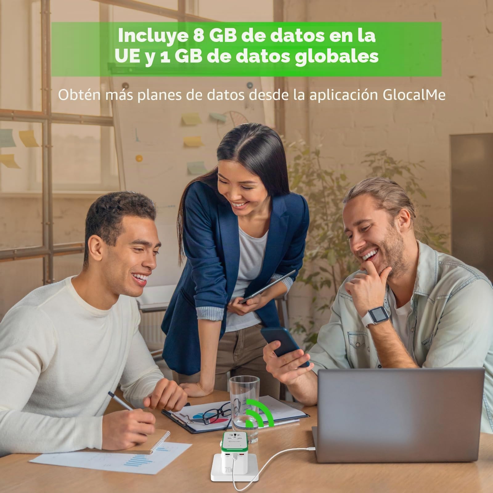 GlocalMe RoamPlug Adaptador Enchufe Universal, Hotspot Móvil 4G WiFi con 8GB de Datos Locales, Adaptador Todo en Uno Internacional con 4 Puertos USB y Salida Máxima de 70W, Viaja a la UE, UK y AUS