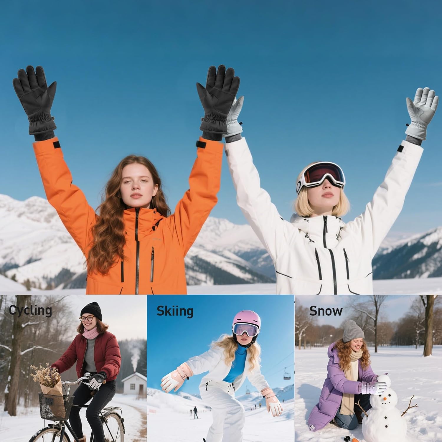 4 Pairs Winter Ski Snow Gloves for Men Women, Waterproof & Windproof Warm Motorcycle Gloves, Anti-Slip Thermal Touchscreen Gloves for Skiing, Cycling, Running Hiking, Driving