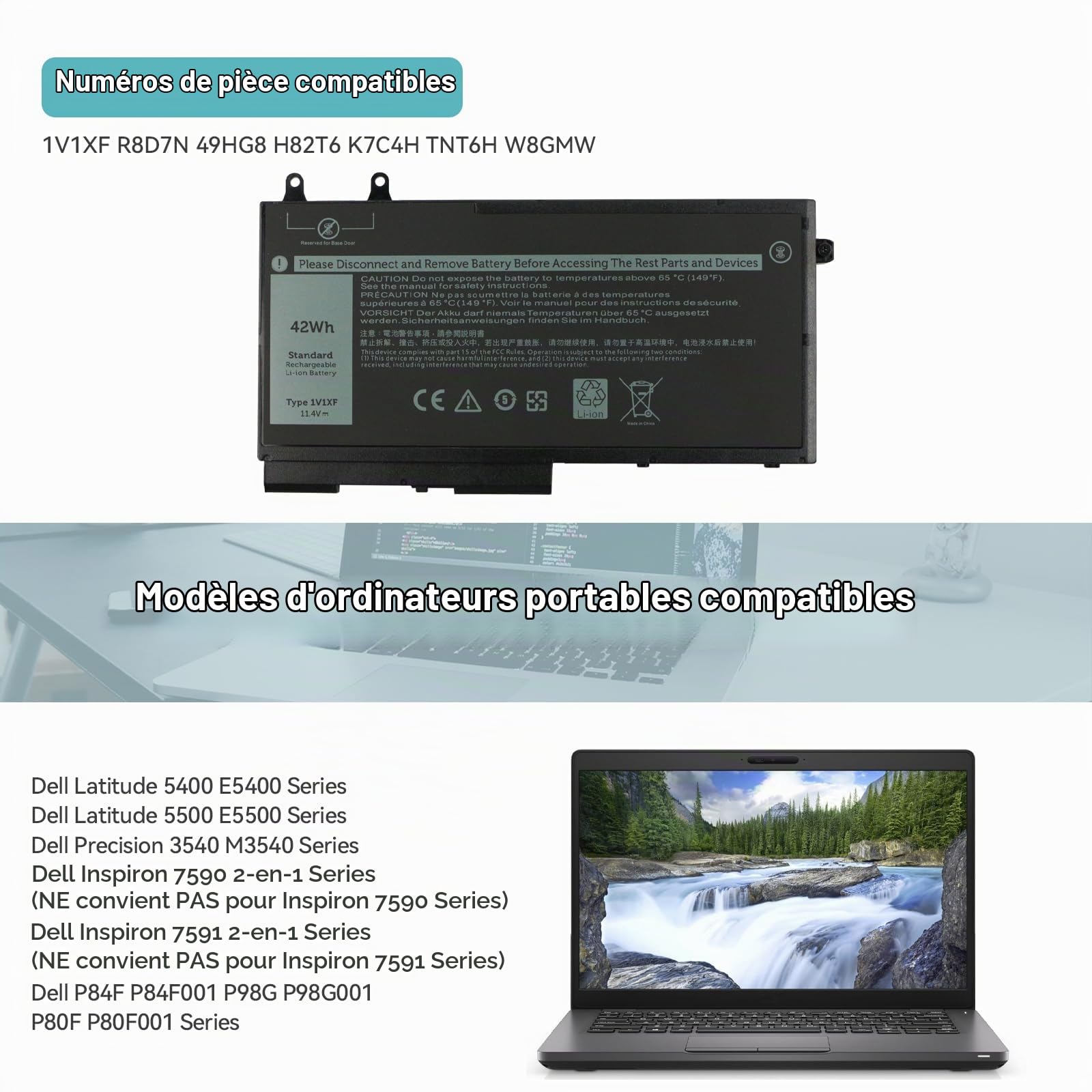 K KYUER 42Wh 1V1XF Batterie pour Dell Latitude 5400 5500 E5400 E5500 Inspiron 7590 7591 2n1 2-in-1 Precision 3540 M3540 Mobile Workstation Series P84F P98G P80F R8D7N 49HG8 H82T6 K7C4H TNT6H W8GMW
