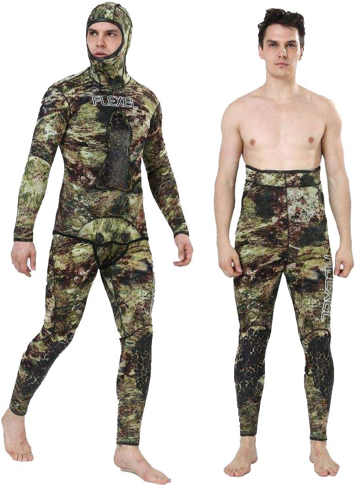 Flexel Camo Spearfishing Wetsuits Men Premium Camouflage Neoprene 2-Pieces Hoodie Freediving Fullsuit for Scuba Diving Snorkeling Swimming (5mm Grass camo, 2X-Large)