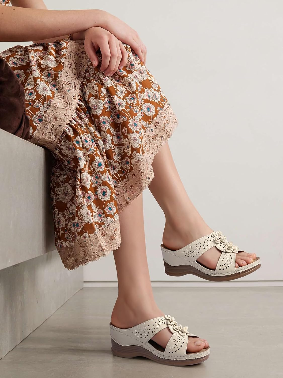 TEMOFON Womens Wedge Sandals Leather: Dressy Sandal, Rubber Sole, Comfortable Walking, Casual Slip on Summer Shoes, Size 5-11 - Image 2