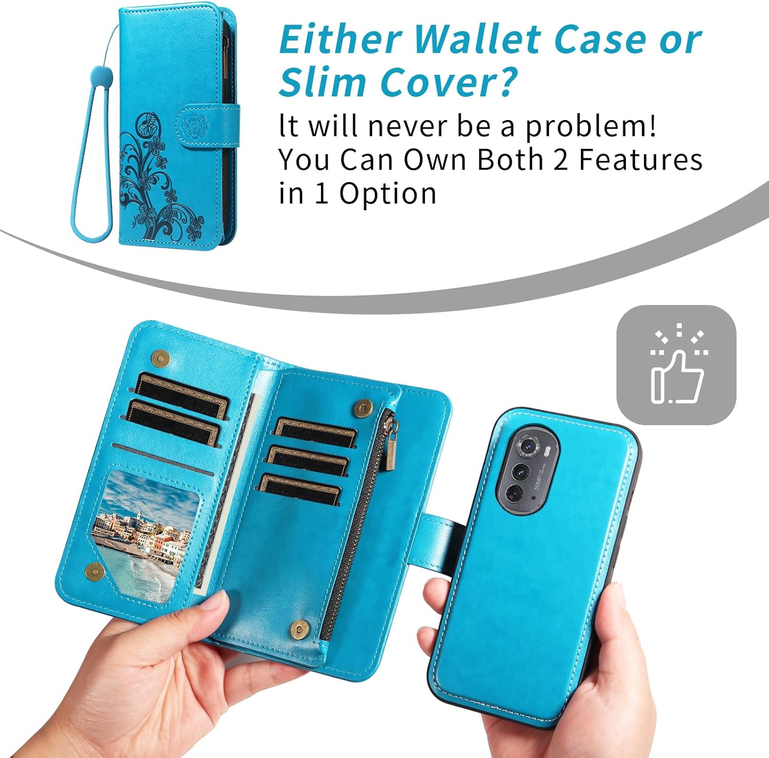 Asuwish Phone Case for Motorola Moto Edge 2022/MotoEdge 5G UW 2022 Zipper Wallet Cell Cover with Tempered Glass Screen Protector Lanyard Strap Flower Card Holder Gen 3 XT2205-1 XT2205-2 6.6 Women Blue