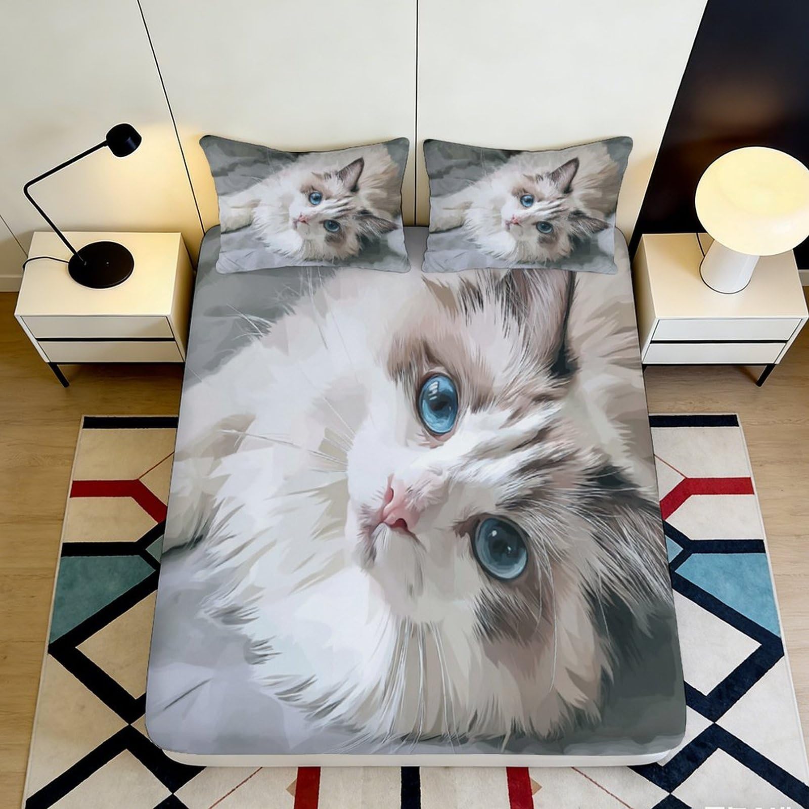 3D Printed Blue-eyed Cat Fitted Sheet Microfiber Soft Breathable White Cat Bed Cover for Bedroom Dormitory Guest Room Mattress Protection Decor 160x200x25cm
