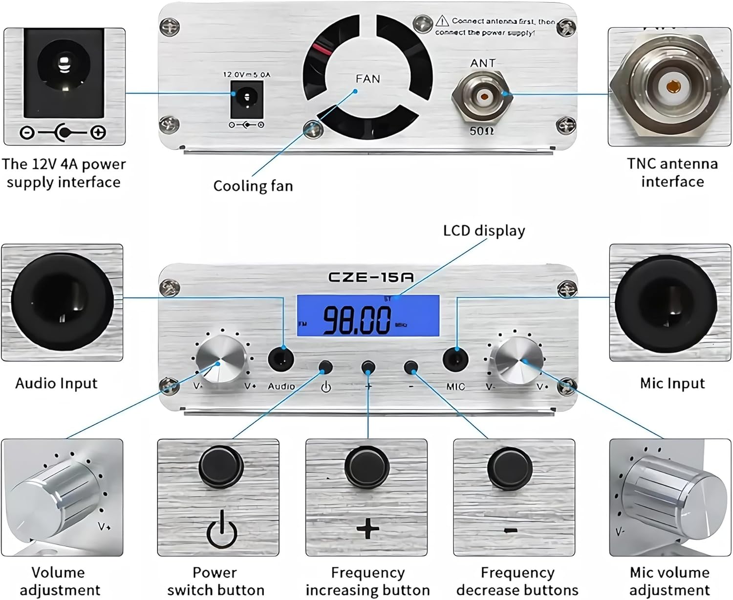 15W Long Range FM Broadcast Transmitter for Drive-in Movie, Church Parking Lot, Lights Fireworks Show,Fireworks Display,School, Supermarket Events with 3.5mm Mic Jack