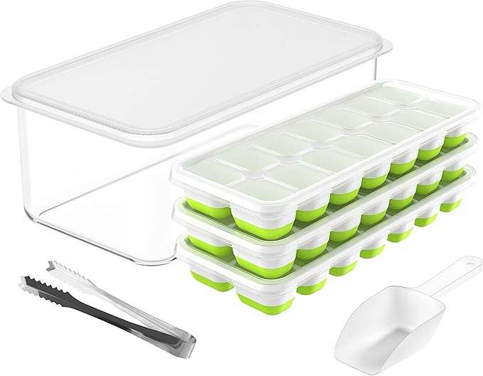DOQAUS Ice Cube Tray with Lid and Bin, 3 Pack Silicone