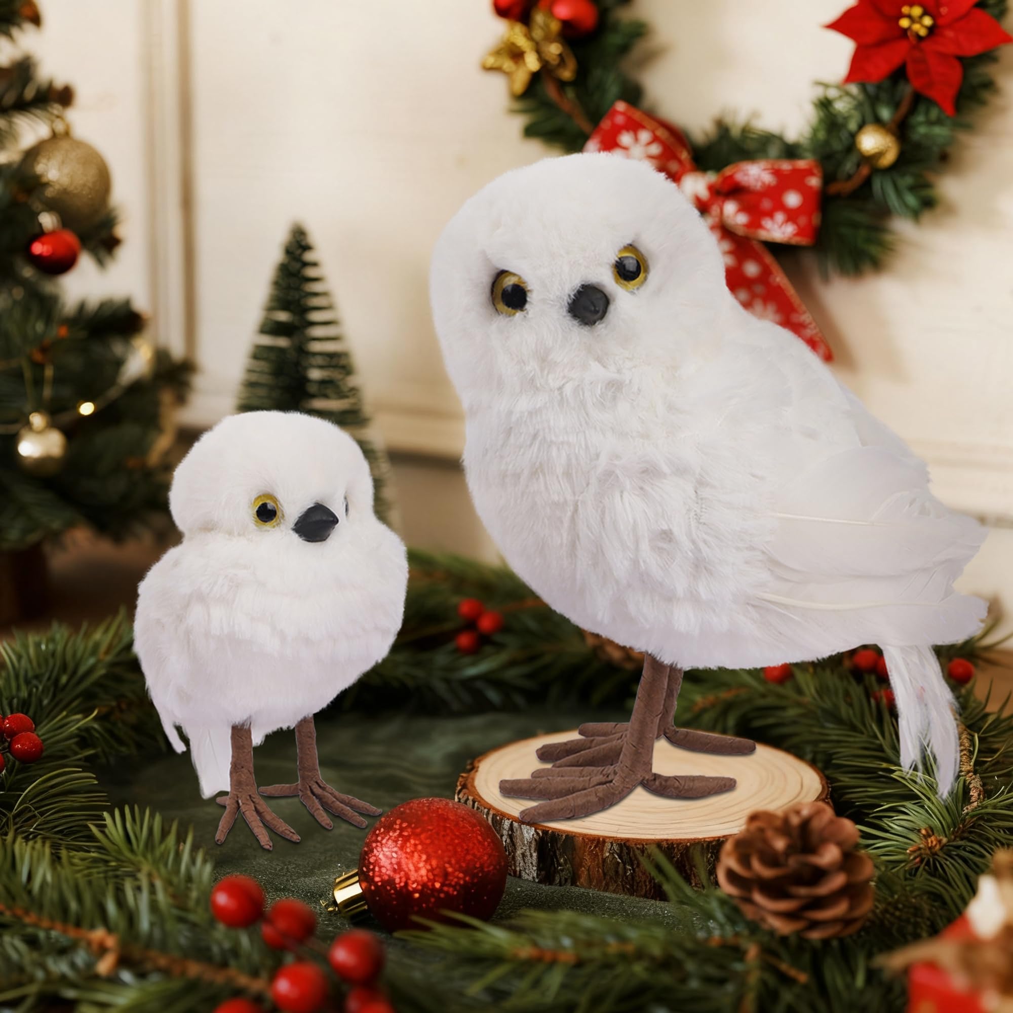winemana Set di 2 decorazioni invernali a forma di gufo bianco, ornamenti natalizi pelosi, decorazioni da tavolo per feste in casa