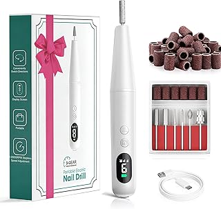 Salon-Grade Electric Nail Drill – Professional Cordless Nail File with LED Display, 6 Specialized Bits & 26 Accessories for Gel/Acrylic Nails & Thick Toenails (White)