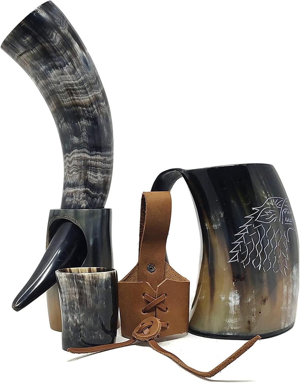 Viking Drinking Horn Mug & Cup Set | 6-Piece Collection with 16oz Dire Wolf Engraved Mead & Beer Mug, Shot Glass, Bottle Opener, Leather Strap, Drinking Horn & Stand | Norse Gift for Men - Image 3