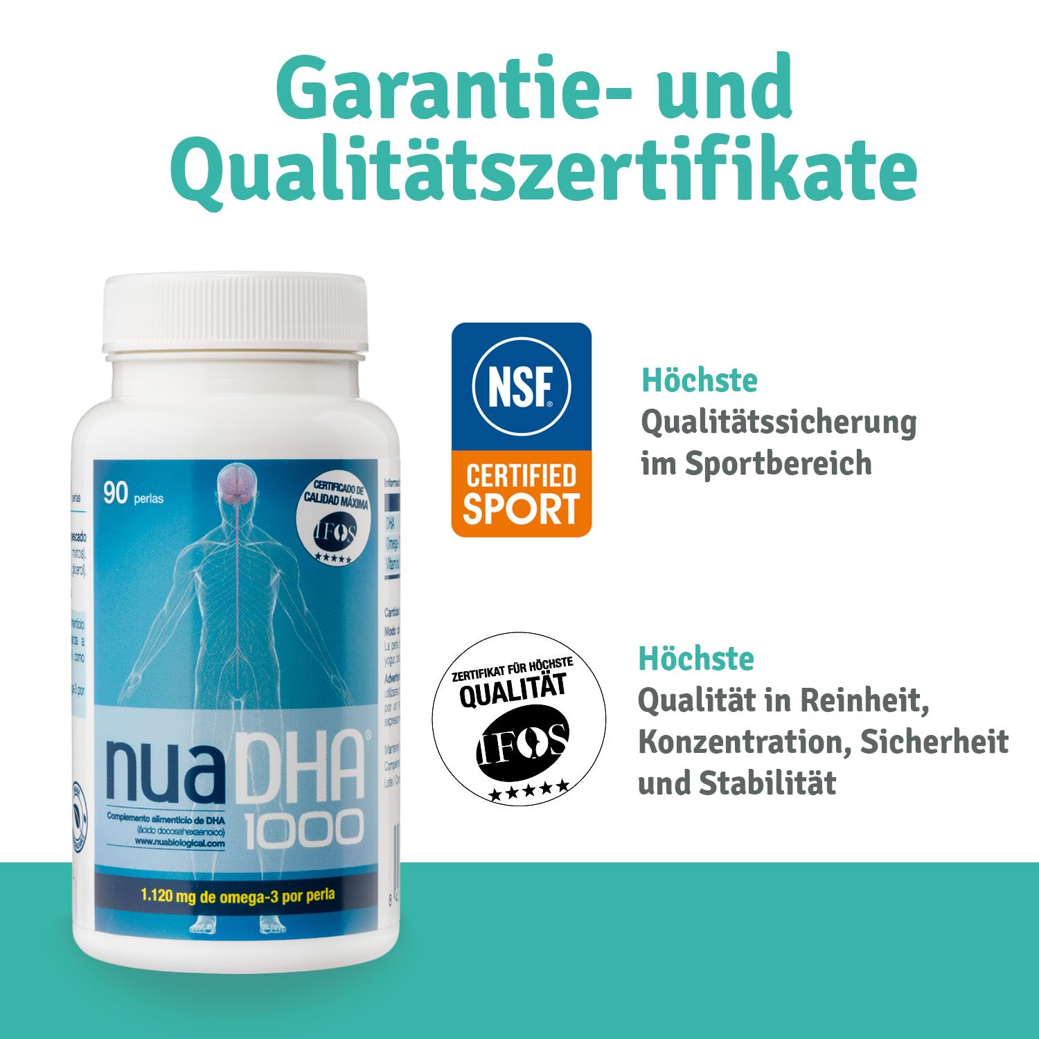 Nua Biological - NuaDHA 1000 in Kapseln, Nahrungsergänzungsmittel auf Basis von DHA (Docosahexaensäure) - Omega-3 aus Blauem Meeresfisch - 90 Kapseln in Triglycerid-Form (1000 mg DHA/Kapsel)