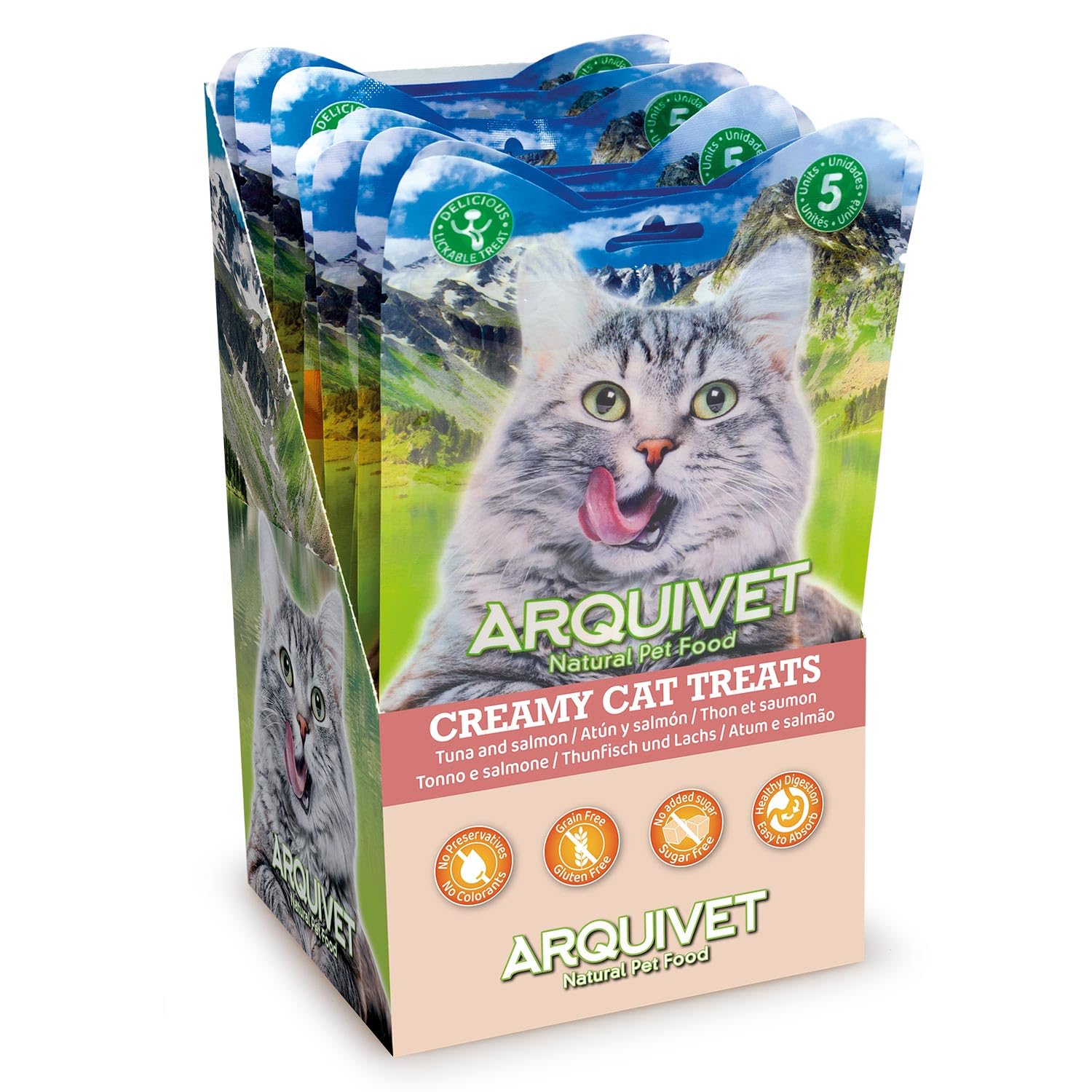 Arquivet- Creamy Cat Treats - Snack cremoso de atún y salmón (Expositor de 12 Bolsas con 5x14 g)