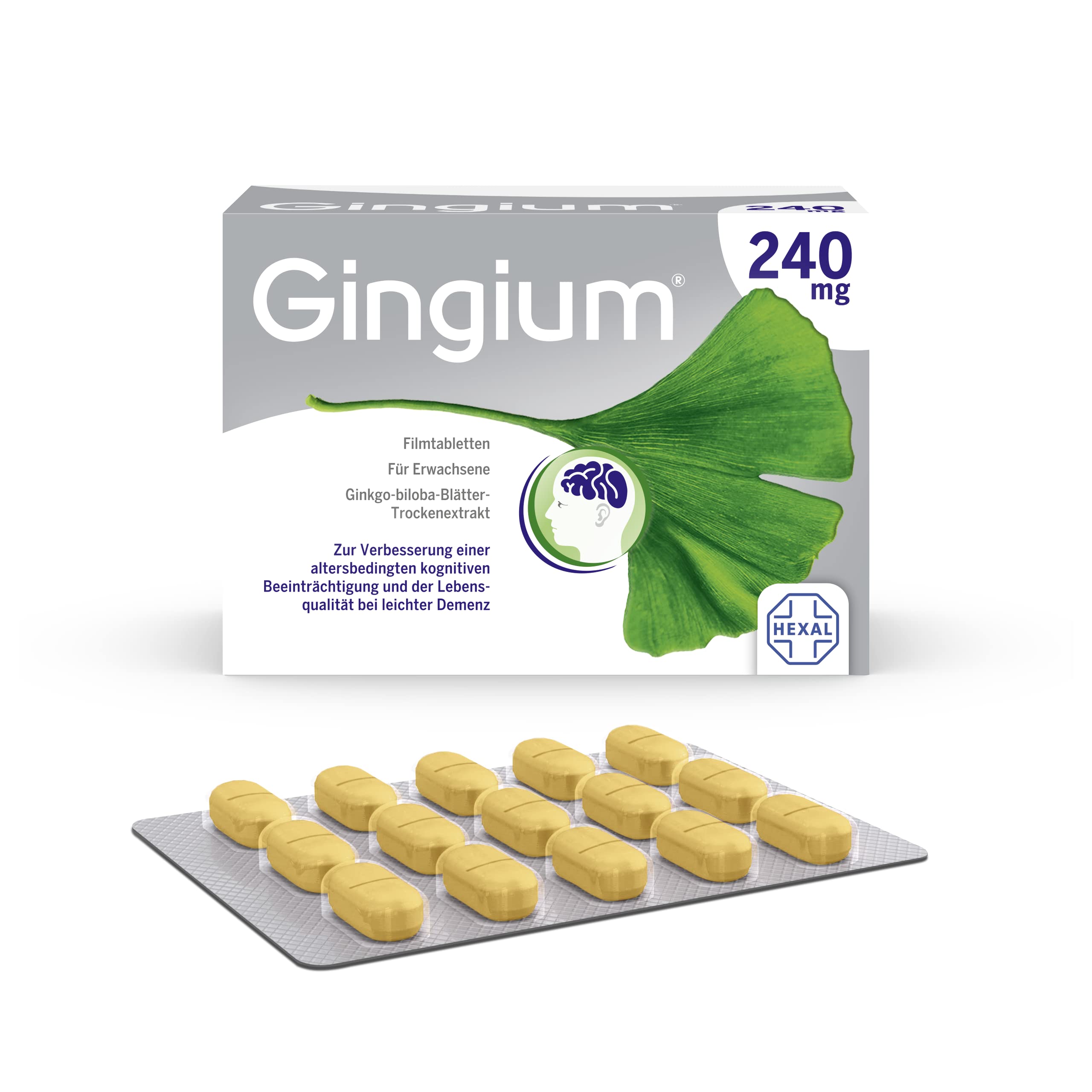 Gingium® 240 mg | Filmtabletten | Bei Vergesslichkeit* handeln | 120 Stk | Pflanzenkraft von Ginkgo biloba, ab 18 J. anwendbar | *bei nachlassender geistiger Leistungsfähigkeit (dementielles Syndrom)