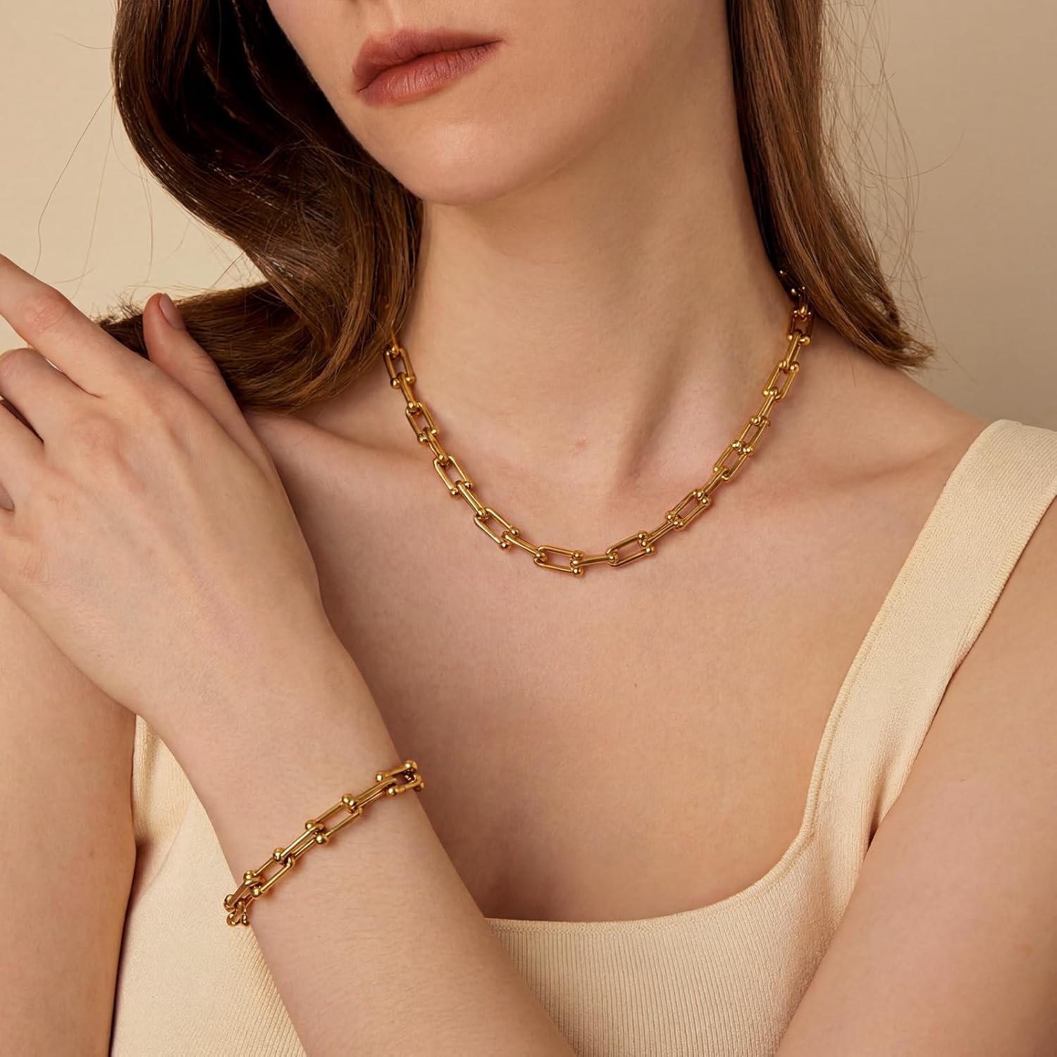 Gold Chunky Paperclip Necklace Bracelet for Women Fashion Cuban Statement Link Chain Jewelry Set