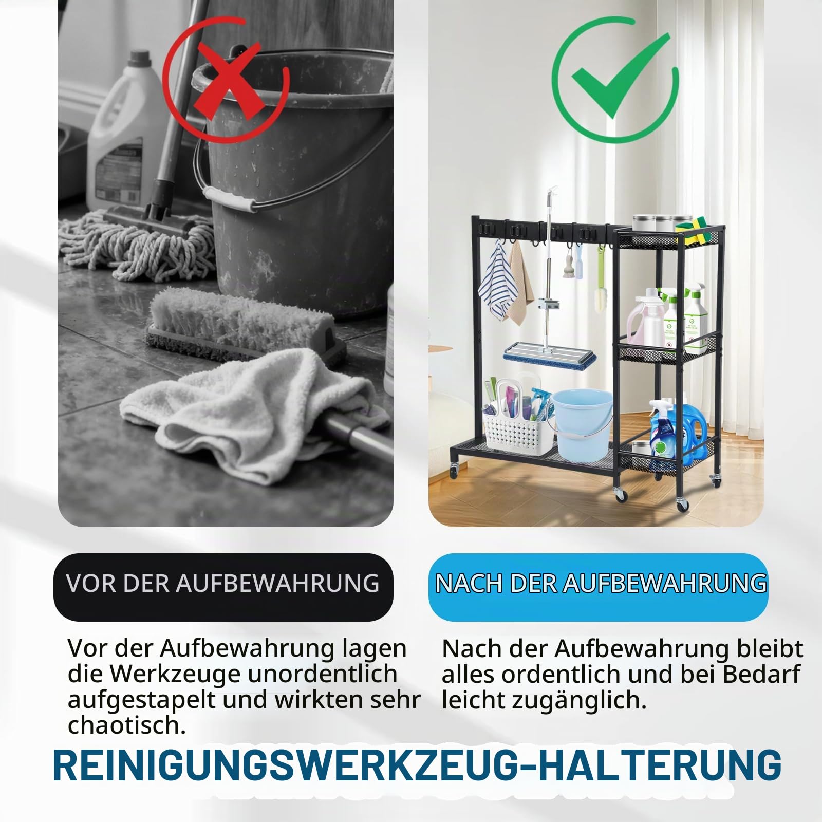 Reinigungswagen 85 × 62 × 30 cm – Mobiler Putzwagen mit Mopphalter & Besenhalter, 6 Räder mit 3 Bremse, 6 Gerätehalter & 2 Doppelhaken, 3 Ablagen – Haushalt & Reinigungstrolley