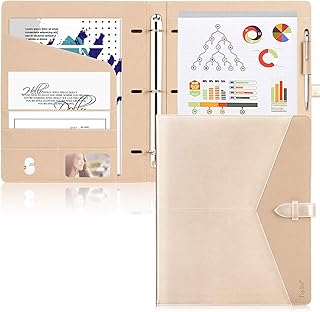 Toplive Padfolio 3 Ring Binder Organizer Business Portfolio Folder for Women, A4/ Letter Size PU Leather Portfolio Padfolio for Interview Conference Presentation, Gold