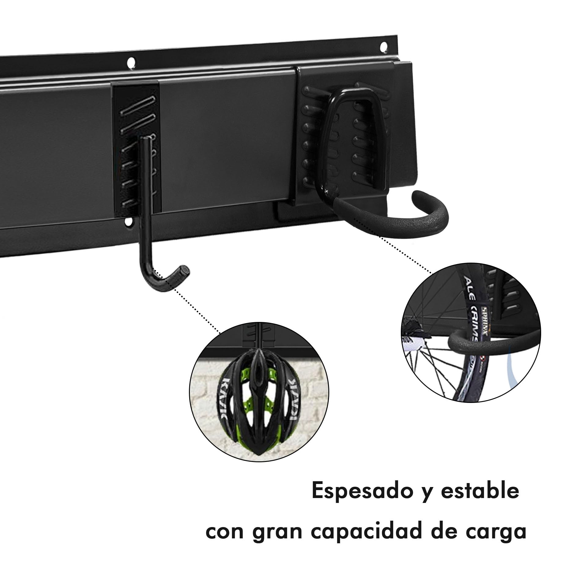 Mimoke Soporte de pared vertical ajustable para bicicleta eléctrica, MTB y bicicleta de carretera, soporte de pared para bicicletas y ganchos para casco (para 4 bicicletas 2 rieles)