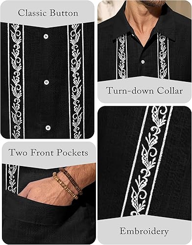 Miniatura 2 de Camisa de guayabera cubana para hombre, de algodón, lino, manga corta, informal, hippie, con botones, con bolsillo