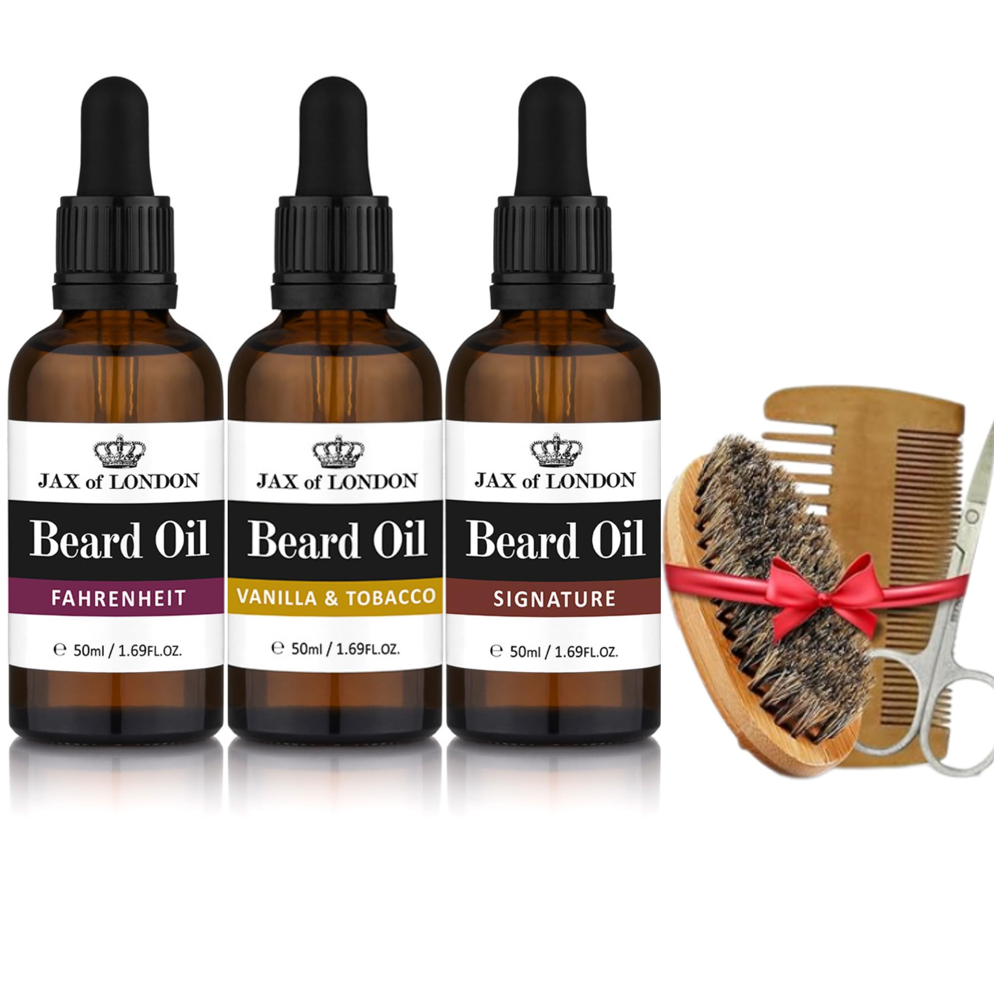 Set di tre olio da barba dopobarba da uomo da 50 ml combinato con spazzola da barba con setole di cinghiale e forbici per baffi, set regalo per la cura quotidiana della toelettatura