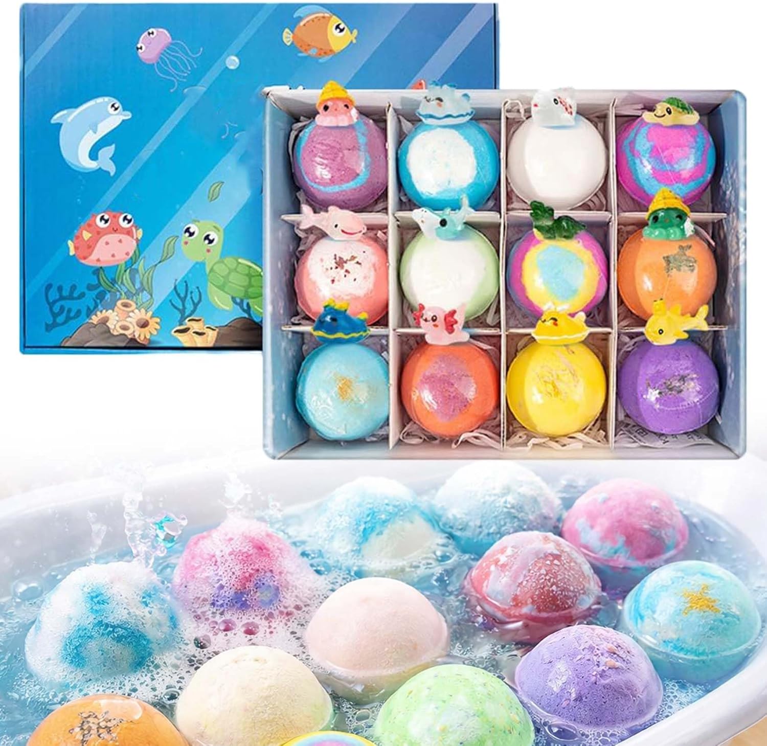 2026 Bath Balls with Surprise Inside,Easter Bath with Toys Inside,6/12 Pack Fizzy Bubble Bath Gift Set,Dinosaur Egg & Ocean Theme Bath Fizzies,Natural Sea Salt Color Changing Spa Bath Balls (A)