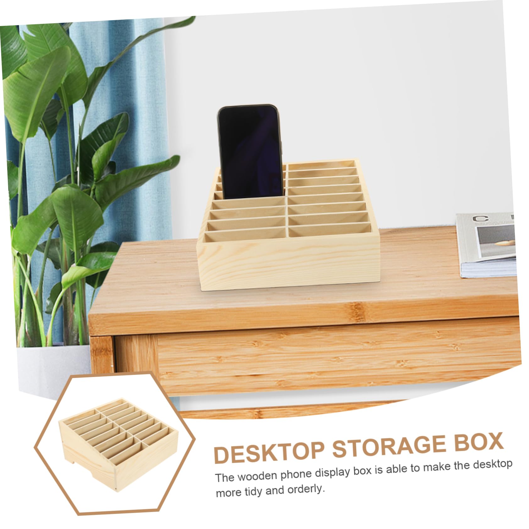 Scatola Porta Cellulari in Legno Beige per Scrivania, Organizer | Scomparti Multipli, per Penne e Telefono, Adatta a Scuola e Istituti Educativi, Design Semplice e Moderno