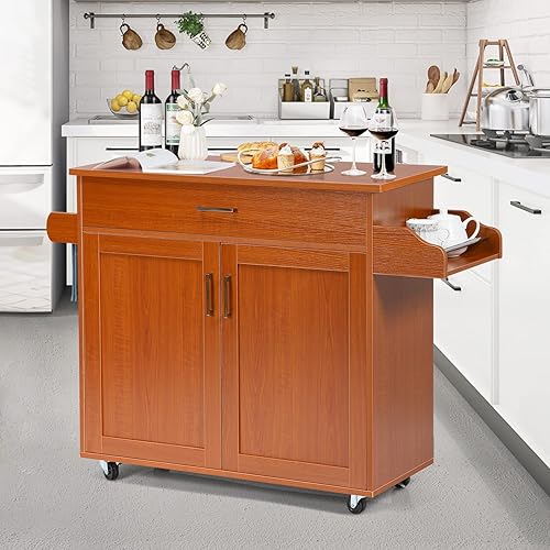 Miniatura 9 de COSTWAY Carrito de isla de cocina, carrito de almacenamiento rodante con ruedas de goma bloqueables, gabinete grande, cajón, estante de especias y