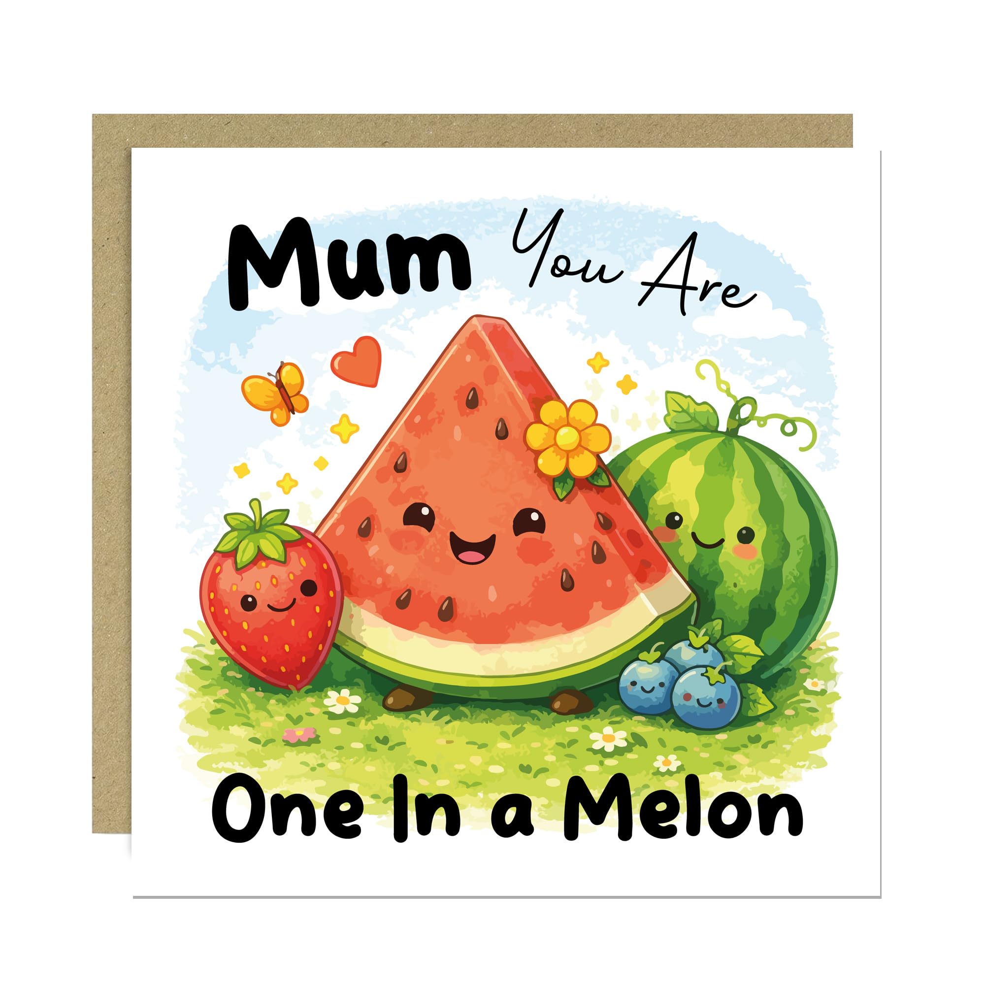 RED OCEAN Funny Mum Card - One in a Melon - Mother’s Day Card for Mum, Cute Pun Birthday Cards, Mother Cards From Daughter Son 145x145mm With Kraft Envelope