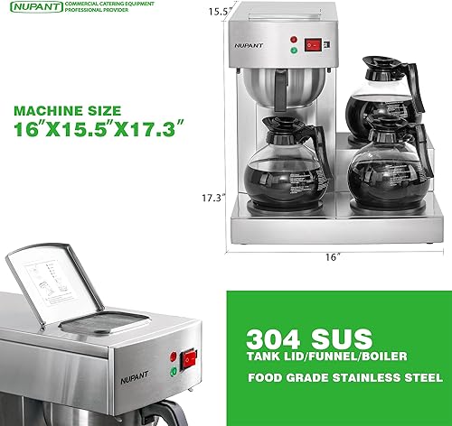 Miniatura 4 de Cafetera comercial de 12 tazas, cafetera de goteo de llenado manual con 3 jarras de vidrio, 3 calentadores, cafetera de acero inoxidable con