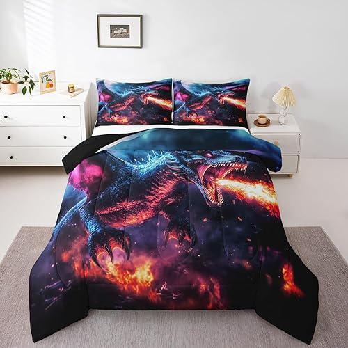 Erosebridal Gothic Fire Dragon Bedding King,Magical Ancient Animal Comforter Set