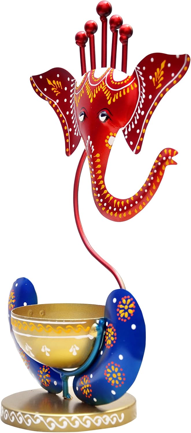 Ganeshji with Diya and Tea Light Holder- Pooja and showpiece for Home Decor | Ganesha Oil Diya with Base | Diyas for Puja | Ganesha Gifting (Red)