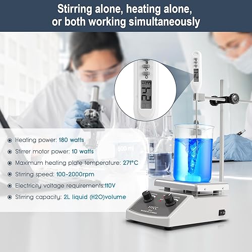 Miniatura 2 de HYCC Agitador magnético Placa caliente Max 520, 100-2000RPM Placa caliente con agitador magnético, agitador magnético de 67.6 fl oz, agitador