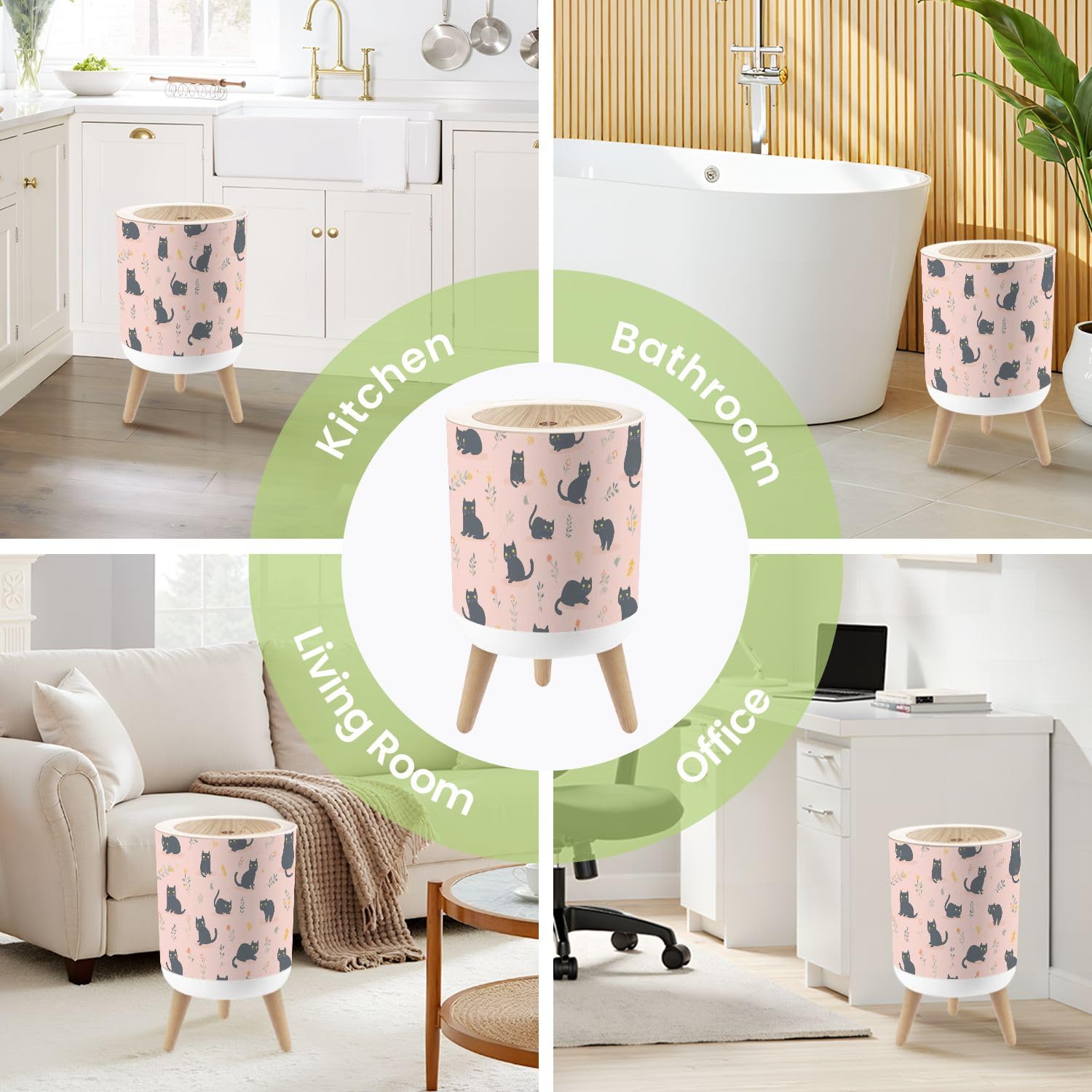 Small Trash Can with Lid Pink Floral Cute Cat Funny Animal Nursery Girl s Room Playroom Kitten Round Press Top Garbage Can with Legs Trash Bin Waste Basket for Kitchen Bedroom Bathroom 7L/1.8 Gallon