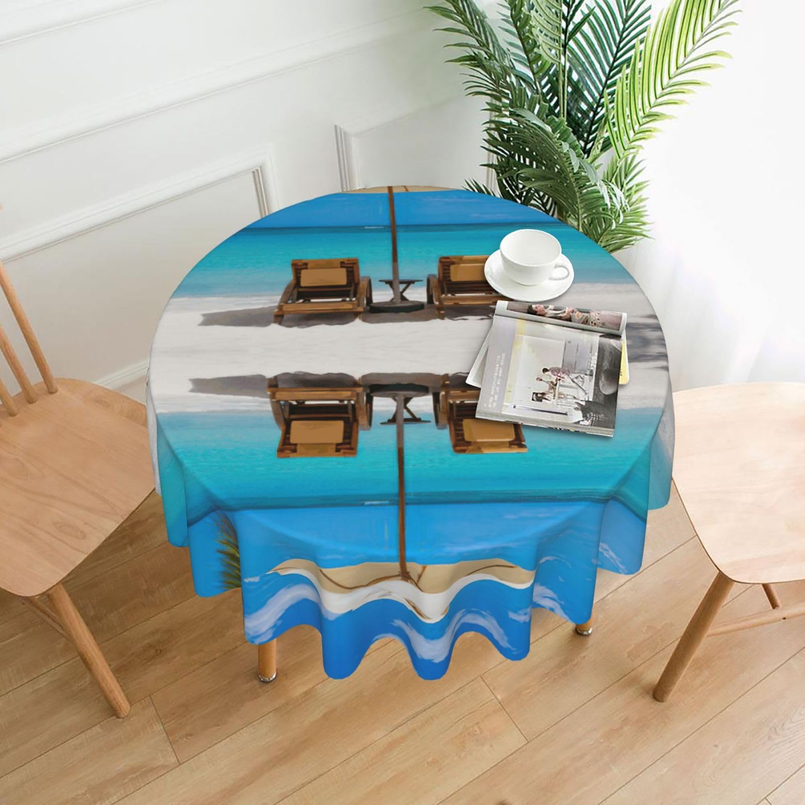 Uusnwaa White Beach Tropical Sea Print Round Tablecloth 60 Inch, Stain Wrinkle Resistant Washable Polyester Table Cover For Kitchen Party