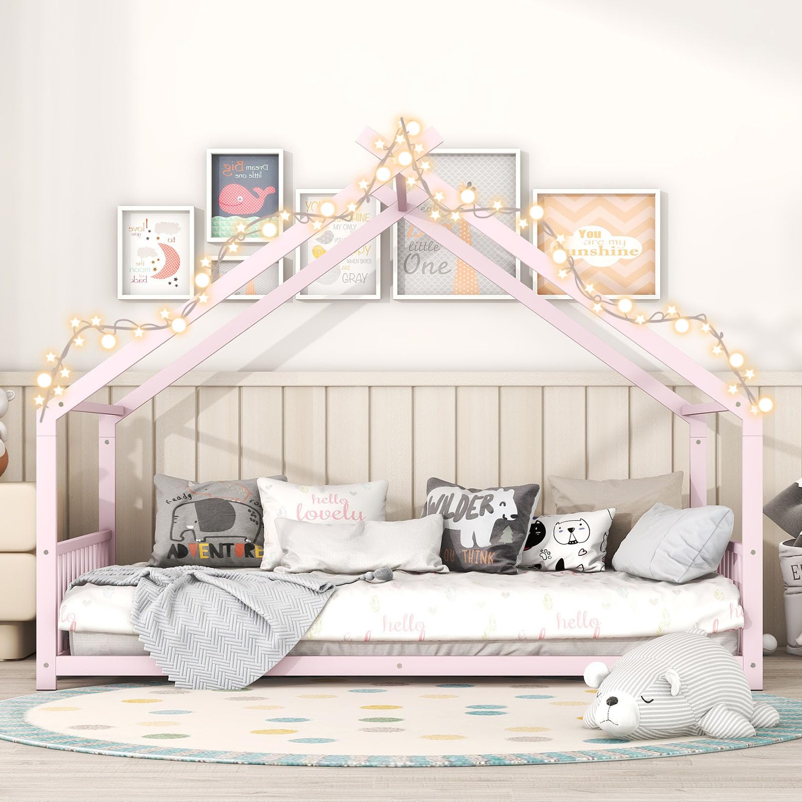 HZANHY Full Size Metal House Bed with Fence, Roof and Safety Guardrail - Montessori Toddler Floor Bed Frame for Girls, Boys, Teens - No Box Spring Needed